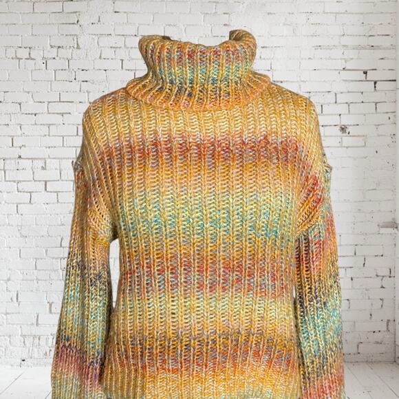 Vtg RD Style Sweater Y2K Sz Small 42" Bust Rainbow Chunky Knit Cowl Neck Ribbed - Picture 2 of 10